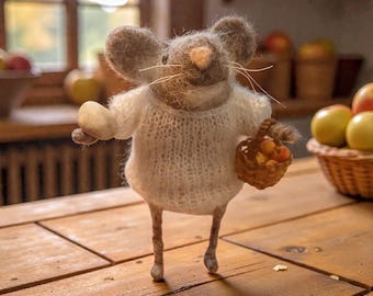 Needle felted mouse with apples, in hand-knit sweater, handmade woodland animal, cottagecore decor