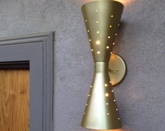 2 light Atomic 50's 60's style Raw Brass finish mid-century modern bow tie dual cone wall sconce lamp Atomic Cone Lamp