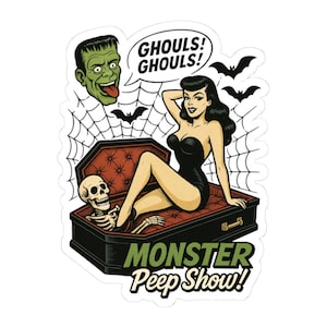 Monster Peep Show Sticker – Retro Pinup Horror Decal, Spooky Halloween Coffin & Ghoul Design, Gothic Creepy Cute Vinyl Sticker