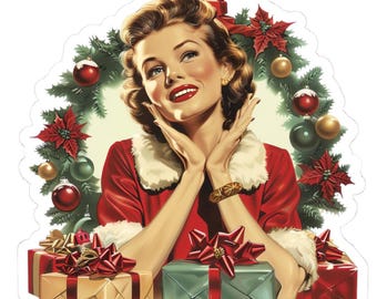 Vintage Christmas Sticker, Retro Holiday Woman Sticker, Classic 1950s Christmas Art, Cute Christmas Gift Sticker, Festive Vinyl Decal