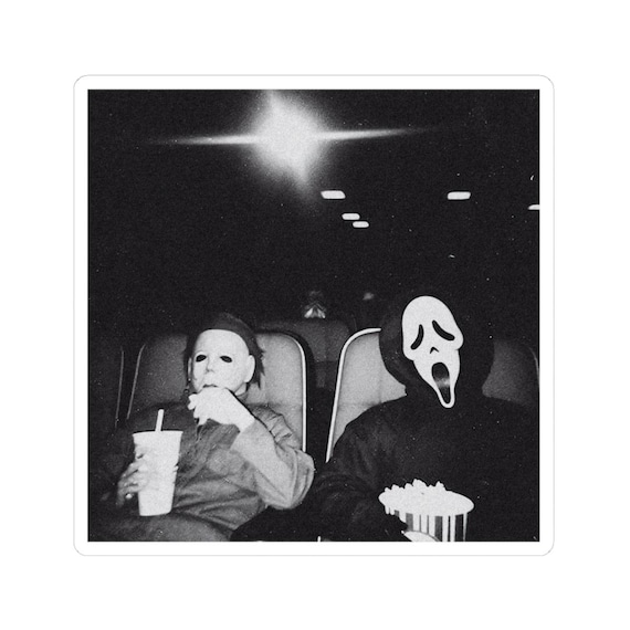 Horror Movie Sticker, Funny Horror Fans Decal, Scary Movie Theater, Retro Black and White Horror Art, Spooky Popcorn Vinyl Sticker