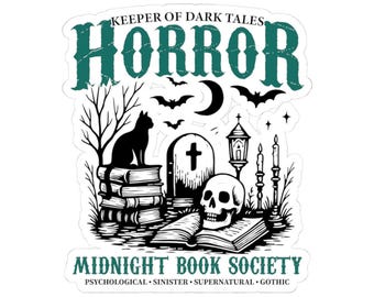 Adesivo de terror da Midnight Book Society – Guardião dos Contos Sombrios | Adesivo do Clube do Livro de Terror Gótico | Disponível em 3", 4" e 6" vermelho ou verde