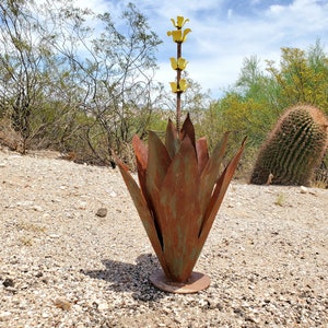 Metal Agave Cactus with Yellow Sunburst Flowers / MEDIUM 27" cactus / Southwest desert/metal art sculpture/yard art/handmade gift / garden