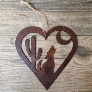 Large Saguaro Howling Coyote Heart Moon Ornament / metal art / holiday decoration / southwest / rustic decor / Christmas gift / desert