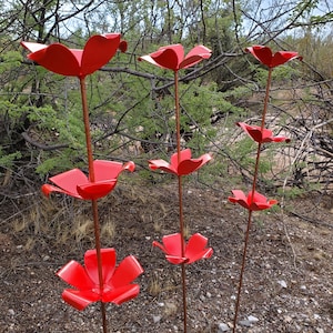 Metal Flower Stakes garden decoration - 3 ft RED and copper color - yard art - metal art - garden flowers - home decoration - handmade
