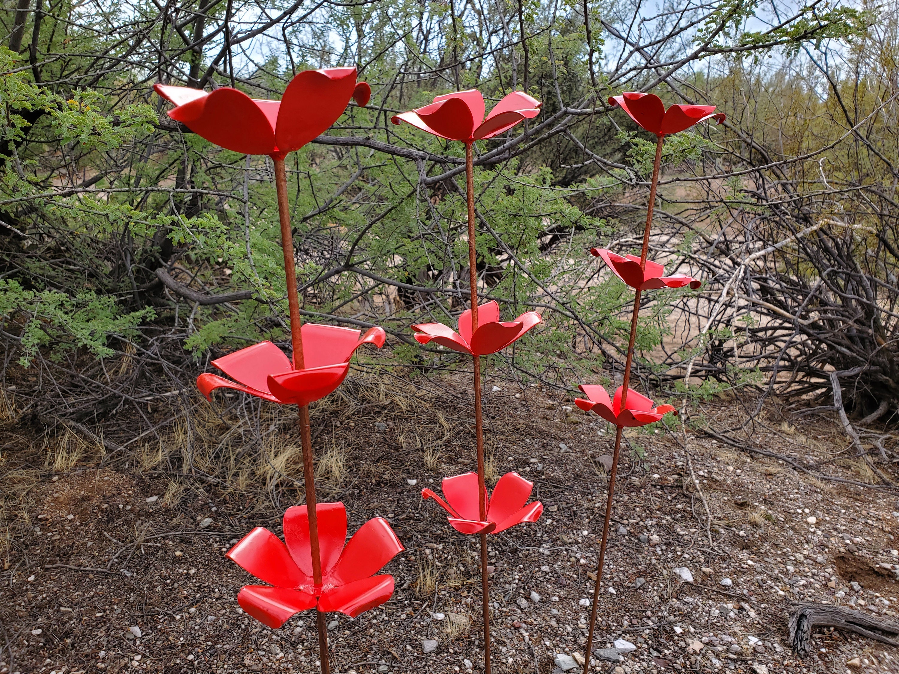 Metal Flower Stakes Garden Decoration - 3 Ft RED and Copper Color