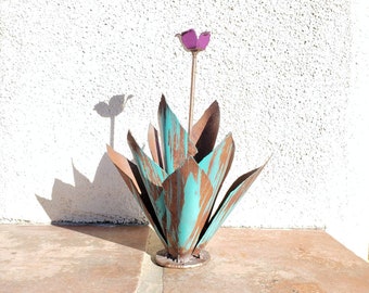 Metal Agave MINI with Purple Plum Flower / handmade gift souvenir / TINY agave cactus / southwest desert plant / small collectible sculpture
