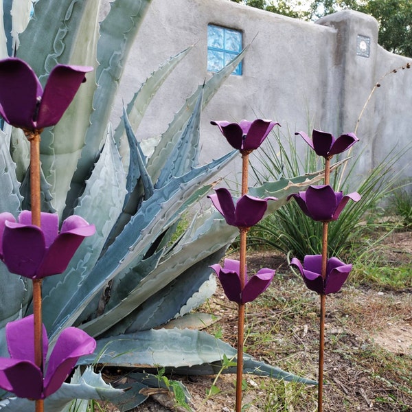 Metal Flower Stakes garden decoration - 3 ft purple and copper color - yard art - metal art - garden flowers - home decoration - handmade