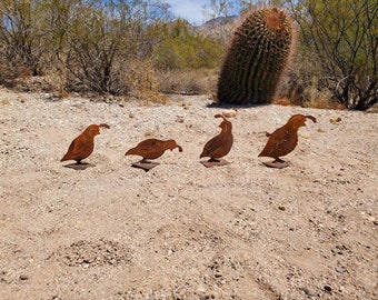 Metal Quail Family set of Four / Handmade steel Quail 9 inch tall on four metal bases / southwest desert bird sculpture / metal yard art