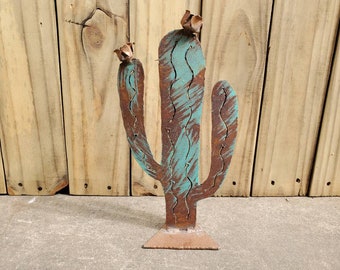 Metal Saguaro Cactus small with copper painted flower blooms/Lightly hand-painted Turquoise/Rustic southwest steel sculpture/desert souvenir