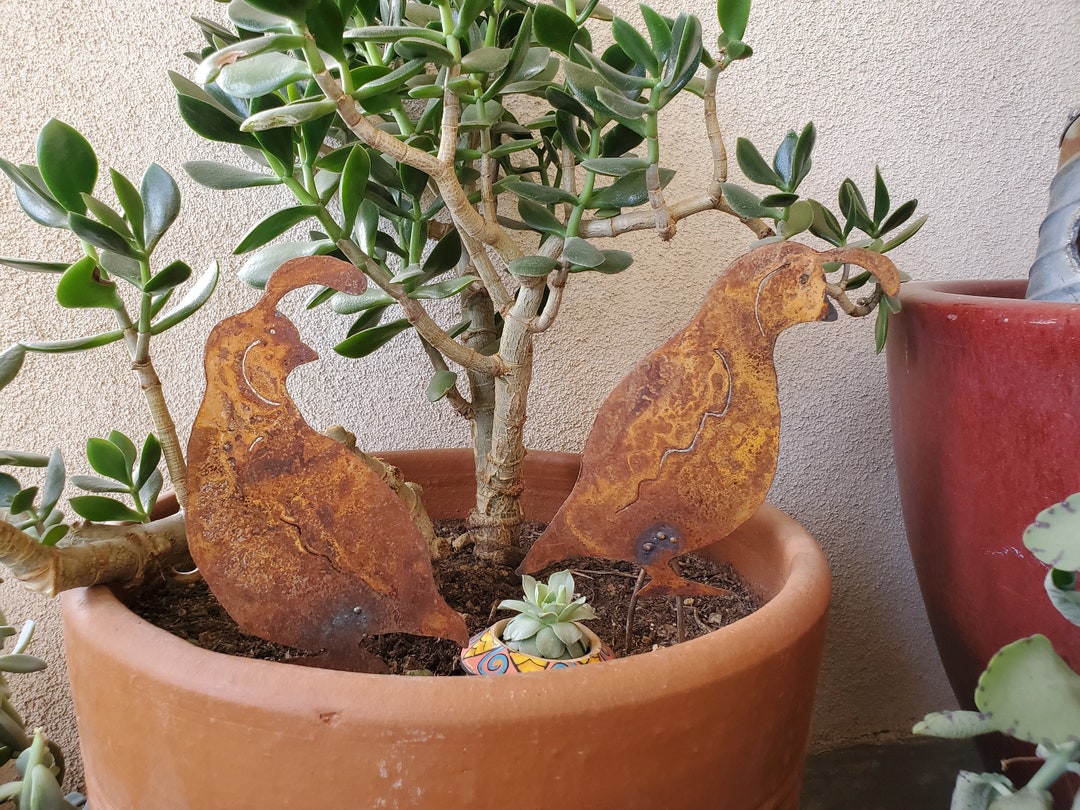 Metal Quail Set of Two on Stakes / Metal Garden Decor / Planter