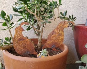 Metal Quail set of two on stakes / Metal garden decor / Planter decorations / southwest desert birds / metal art / Quail Family / handmade