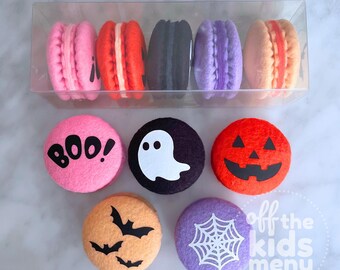 Filz Macarons für Halloween, Filz Food für die Spielküche, Imaginäres Spiel, Halloween Cookie Play Food, Cookie Set, Filz-Halloween-Deko