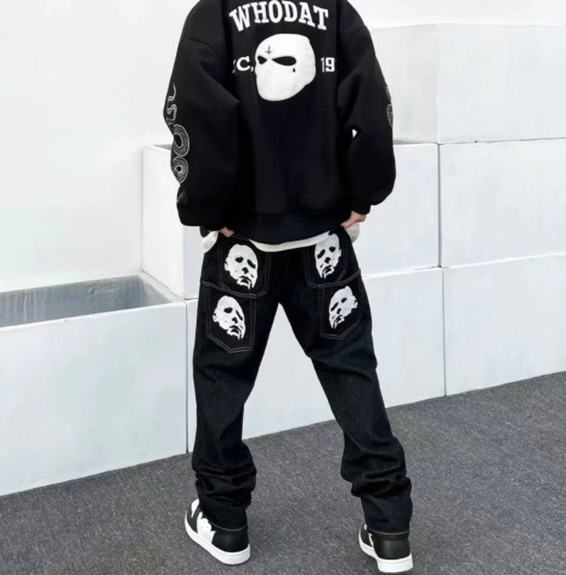 Y2K Style Jeans Skull Jeans Hip Hop Baggy Jeans Vintage Style Jeans Emo Jeans Grunge Style Jeans Gothic Jeans Streetwear Jeans Printed Jeans 