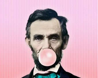 Arte pop do chiclete do presidente Abraham Lincoln, retrato alterado caprichoso, chiclete rosa