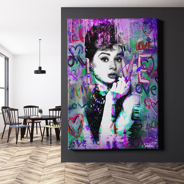 Leinwandbild Audrey Hepburn Graffiti Herz Wohnzimmerbild XXL -  hochwertige Kunst - S10156 - Hochformat