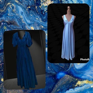 May include: Two long, flowing nightgowns. One is a deep blue color and the other is a light blue color. Both have a V-neck and are made of a silky material.