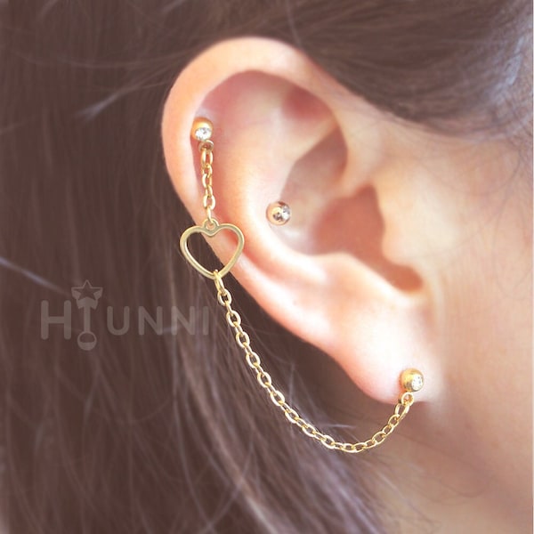 20g 16g Heart helix chain cartilage, 2 Bars ear studs, Helix cartilage earring, Heart helix to lobe chain earring, HiUnni Handmade