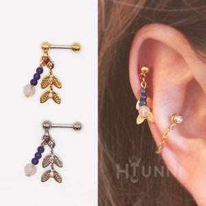 Handmade 20g, 16g Natural stone beads leaf dangle cartilage ear stud, Helix earring, Leaf piercing, Flat back Labret bar(optional), 1pc