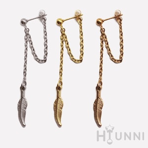 20g 16g Kpop style feather chain ear studs, Helix Cartilage chain earring, 316l surgical steel, Men earrings, HiUnni handmade