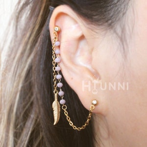 20g 16g Opal Crystal & Feather dangled Chain Cartilage Ear Studs 316l surgical steel, 2 Bars Chain, Helix cartilage earring, HiUnni Handmade