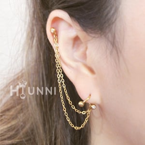 16g CZ Twisted circular ring double long chain helix to lobe earrings, Helix cartilage earring, 316l surgical steel, HiUnni Handmade