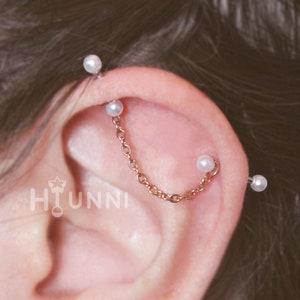 16g 14g Dainty Thin chain pearl industrial piercing earring, 316l surgical steel, Helix 2 ear studs, 14gauge 3mm pearl, HiUnni Handmade
