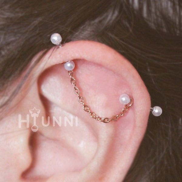 16g 14g Dainty Thin chain pearl industrial piercing earring, Rose gold, 316l surgical steel, Helix 2 ear studs, HiUnni Handmade