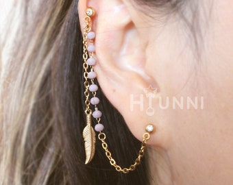 20g 16g Opalkristall & Feder baumelnde Kette Knorpel Ohrstecker 316l Chirurgenstahl, 2 Stangen Kette, Helix Knorpelohrring, HiUnni Handmade
