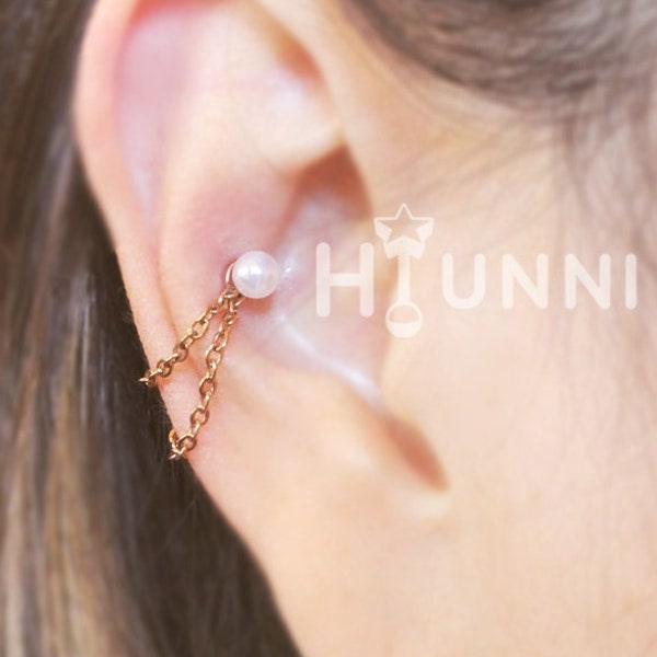 16g 14g Pearl double chain conch ear stud, Pearl Conch hoop double chain ring, 316l surgical steel, Sold as piece, HiUnni Handmade