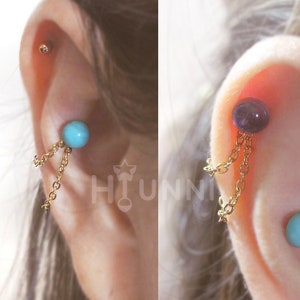 16g 20g Natural Stone double chain conch ear stud, Helix double chain earring, 316l surgical steel, Rose Quartz, Green, Amethysts, Turquoise
