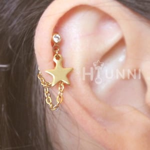 20g 16g Star double chain helix ear stud, Star dangle ear cartilage earring, helix chain hoop, 316l surgical steel, HiUnni Handmade