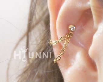 20g 16g double chain conch ear stud, Conch hoop double chain ring, Helix Chain cartilage earring, 316l surgical steel, HiUnni Handmade, 1pc