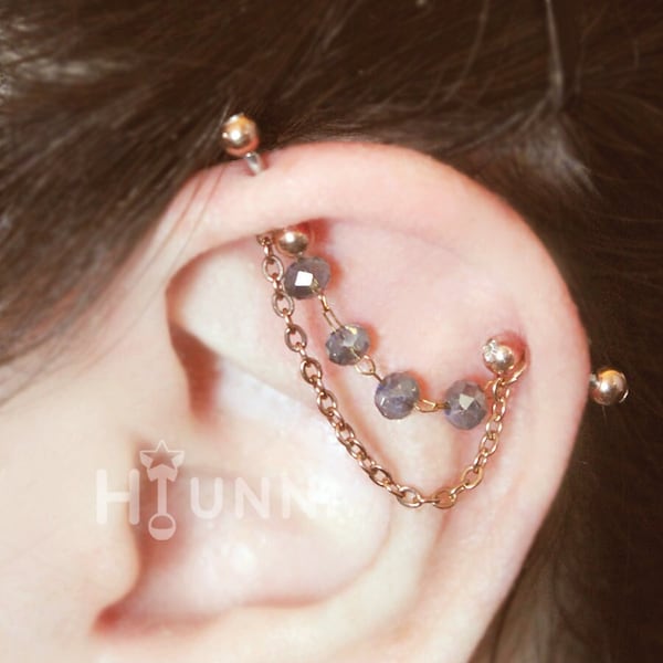 Boucles d'oreilles piercing industrielles double chaîne en cristal d'opale 16 g, 2 clous d'oreilles en cartilage hélicoïdal, clous de 3 mm, acier chirurgical 316l, HiUnni fait main