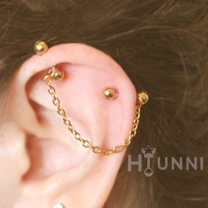 16g 14g Chain industrial piercing earring, Chain cartilage 2 ear studs, 316l surgical steel, Comfortable industrial piercing HiUnni Handmade