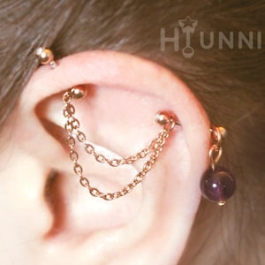 16g 14g Natural amethyst stone double chain industrial piercing earring, Double chain 2 ear studs, 316l surgical steel, HiUnni Handmade