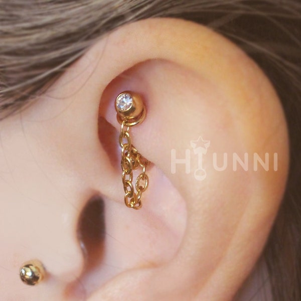 16g Chain curved barbell, Rook chain earring, Eyebrow ring, Belly button ring, Snug outer helix cartilage curved ear stud jewelry, Hiunni