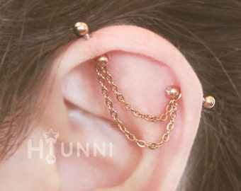 16g 14g Dainty Thin double chain industrial piercing earring 316l surgical steel Comfortable industrial piercing 2 ear studs HiUnni Handmade