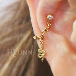 20g 16g Snake conch chain earring, Snake dangle ear cartilage earring, Helix chain ear stud, 316l surgical steel, HiUnni Handmade