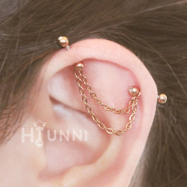 16g 14g Dainty Thin double chain industrial piercing earring 316l surgical steel Comfortable industrial piercing 2 ear studs HiUnni Handmade