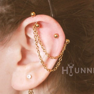 16g 14g Chain industrial piercing earring, Double chain 2 ear studs, 316l surgical steel, Comfortable industrial piercing, HiUnni Handmade