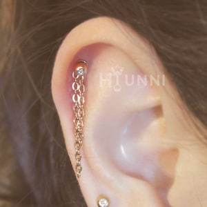 20g, 16g Dainty chain helix earring, Chain cartilage ear stud, Drop earring, Rose Gold, Flat back Labret bar(optional), HiUnni Handmade 1pc