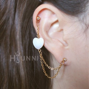 20g 16g Heart mother of pearl dangled helix double chain cartilage ear studs 316l surgical steel Helix cartilage earring HiUnni Handmade 1pc