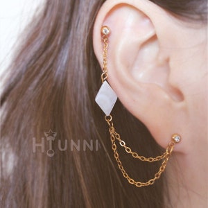 20g 16g Diamond mother of pearl helix double chain cartilage ear studs, 316l surgical steel, Helix cartilage earring, HiUnni Handmade, 1pc