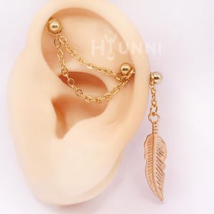 16g 14g Feather double chain industrial piercing earring, Double chain 2 ear studs, Stainless steel, HiUnni Handmade