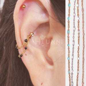 Handmade 20g 16g Beads dainty double chain conch ear stud,Conch hoop double chain ring, Black, Pink, Opal, 316l surgical steel,Sold as piece