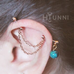 16g 14g Natural Lapis stone double chain industrial piercing earring, Double chain 2 ear studs, 316l surgical steel, HiUnni Handmade