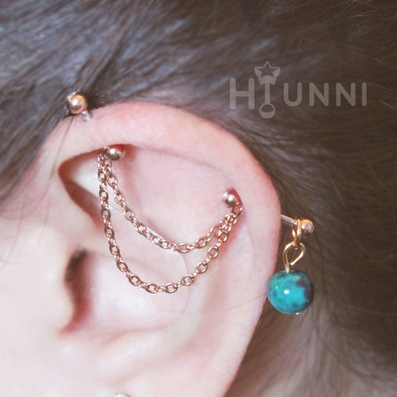 16g 14g Natural Lapis Stone Double Chain Industrial Piercing
