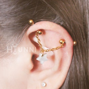 Brinco industrial de corrente de dois pinos com estrela de madrepérola 16g 14g, aço cirúrgico 316l, piercing industrial confortável, HiUnni feito à mão