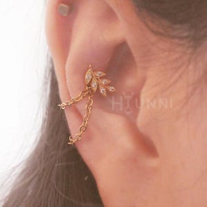 16g Leaf double chain conch ear stud, Conch helix double chain earring, Stainless steel, HiUnni Handmade, 1pc